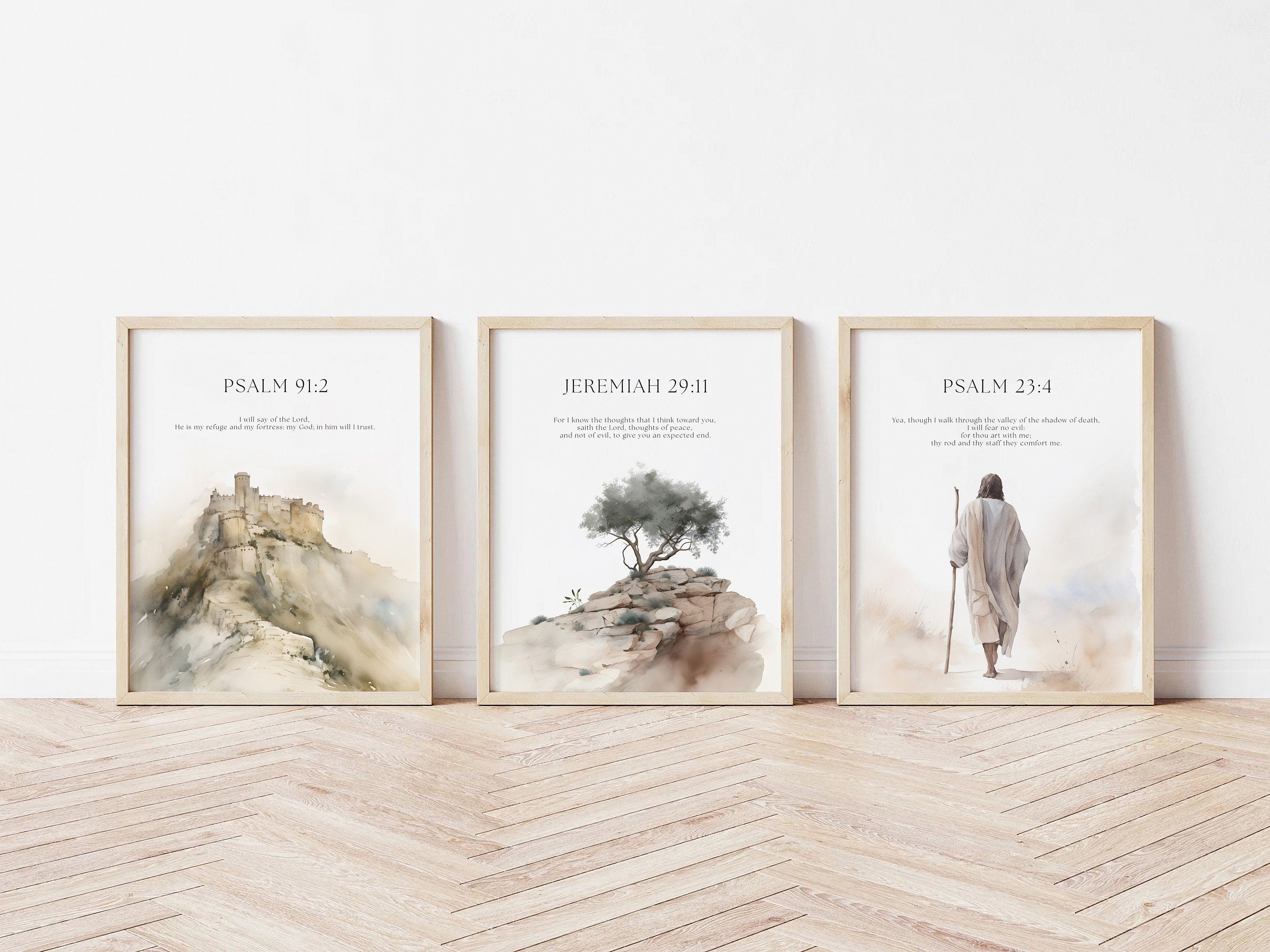Set of 3 Bible Verse, Psalm 23:4, Jeremiah 29:11, Psalm 91:2, Jesus Painting, Print, Jesus Portrait, Jesus Wall Art, Inspirational Quotes